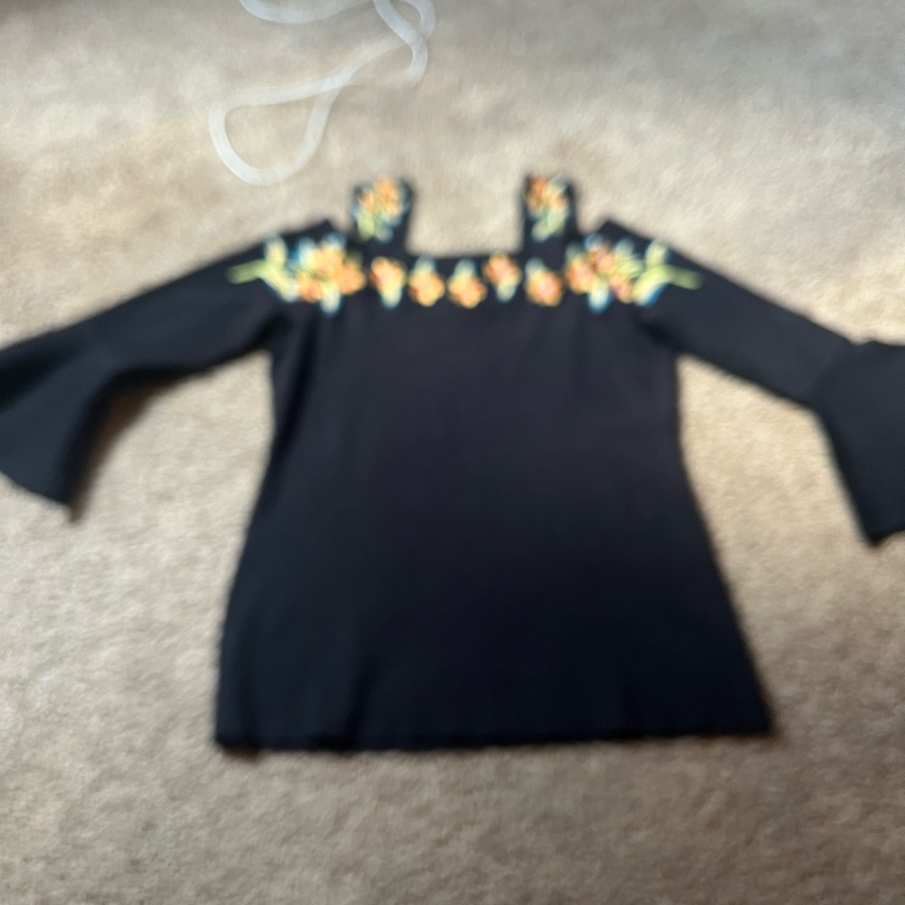 INC Black Cold-Shoulder Top with Floral Embroidery. Bell sleeves Medium
